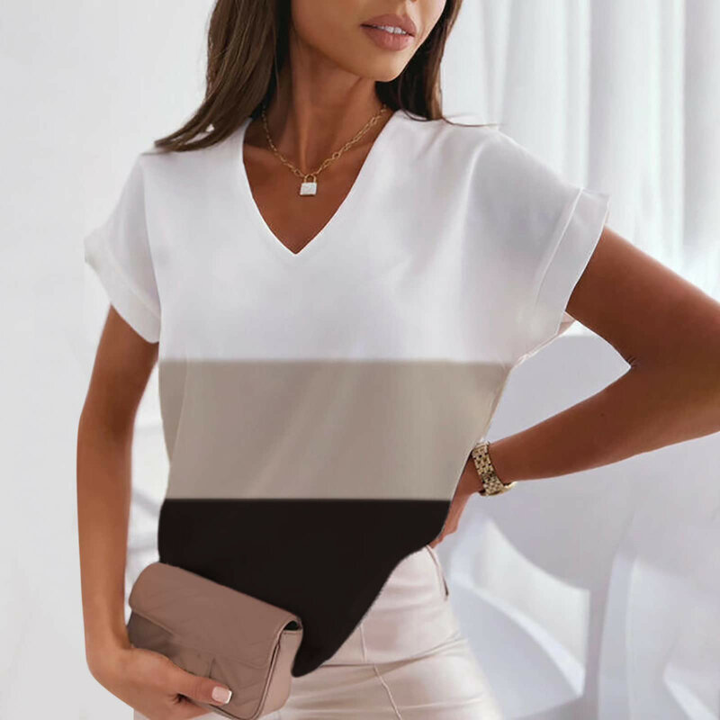 V-Hals T-Shirt 3d Fashion Clear Zwart Wit Check Vrijetijdskleding Zomer Korte Mouw Dames Klassieke Losse, Schattige T-Shirt Top