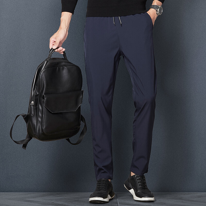 Calça reta monocromática esportiva básica masculina, calça elástica com cordão, casual para negócios, cintura média, verão