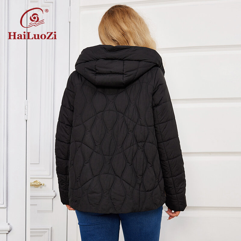 HaiLuoZi 2024 New Spring Women's Coat Short Thin Cotton Slim Parkas Slant Pockets Hooded Zipper Style Women Jacket 1217