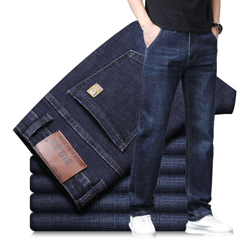 Jeans droits bleu foncé pour hommes, pantalons en coton décontractés, denim respirant, vêtements classiques, mince, mode d'affaires, marque, fjMale
