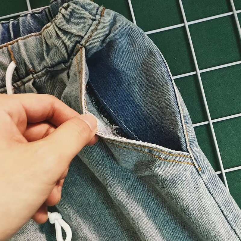 Pantalones cortos de mezclilla para hombre, ropa de calle coreana holgada con cordón, informal, a la moda, verano, 2024