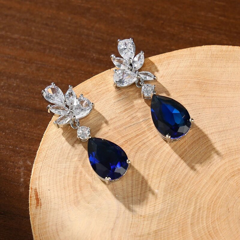 Boucles d'oreilles en forme de larme cubique bleu saphir, élégantes, fêtes de mariage