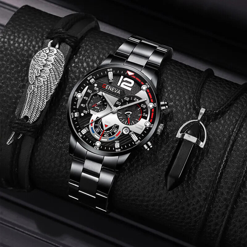 Jam tangan pria, 3 buah Set Fashion pria bisnis kalender jam tangan kasual sayap tali kalung Stainless Steel kuarsa jam tangan Reloj Hombre