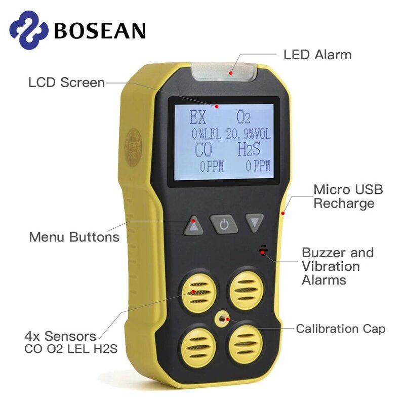 Bosean Gas Meter Gas Detector O2 H2S CO LEL 4 in 1 Oxygen Hydrogen Sulfide Carbon Monoxide Combustible Gas Leak Detector