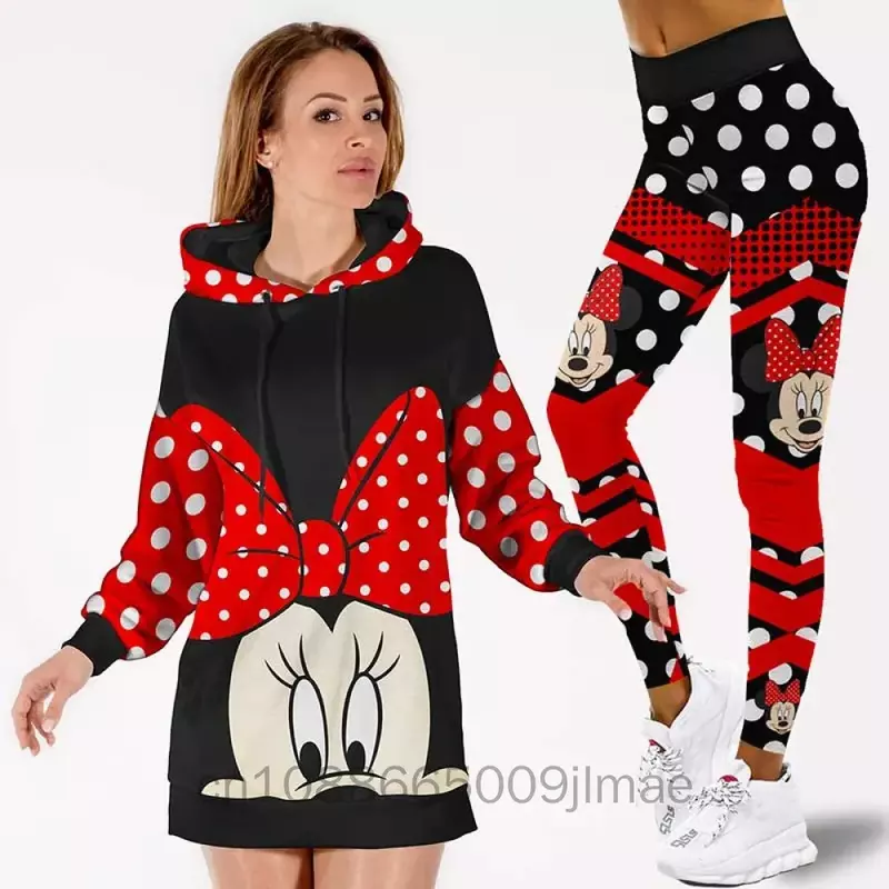 Disney-vestido feminino Mickey 3D com capuz e leggings, calça ioga, moletom, capuz casual, moletom, terno esportivo, moda