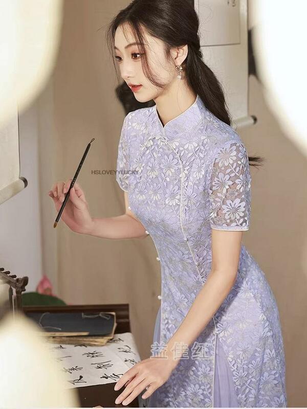 Gaun pesta malam Cheongsam Tiongkok, gaun pesta malam Qipao renda ungu Oriental untuk wanita