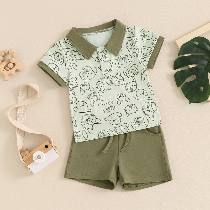 Visogo-幼児の男の子の夏の服セット、半袖、ラペル、動物のプリントシャツ、トップス、ドローストリングショーツセット