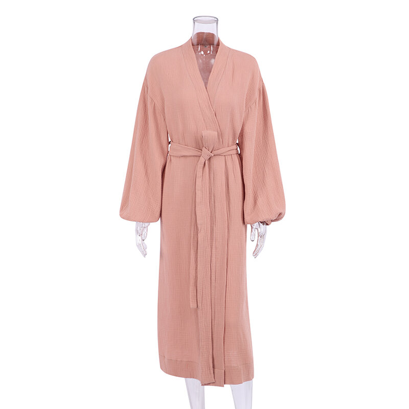 Hiloc-Lantern longo feminino mangas de algodão, faixas de quimono, roupão elegante, vestidos de pijamas femininos, 2022