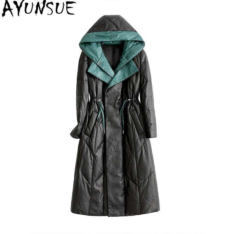 AYUNSUE Высококачественная куртка из натуральной кожи, Женское зимнее пальто с капюшоном из натуральной овчины, элегантные длинные парки, Женская куртка
