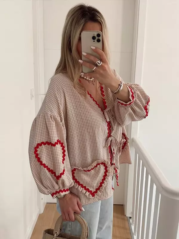 Elegant Striped Women's Shirt Casual Heart Lace Up Long Lantern Sleeve V-neck Female Shirts 2024 Spring Summer Chic Blouse Top