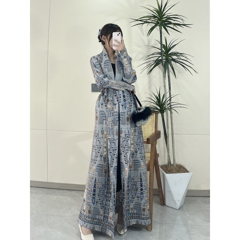 Miyake Pleated Burst Women's Coat 2024 Spring Fall Jacket Printed Out Party Long Large Size Windbreaker Cardigan Lace-Up Robe