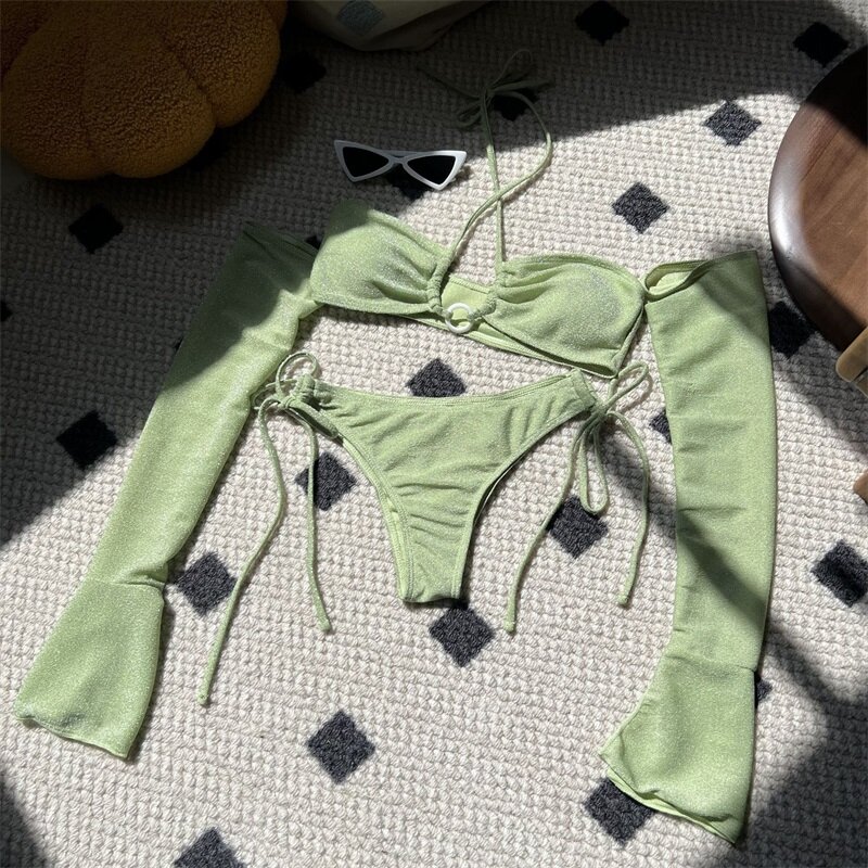 3 Piece Shiny Women's Swimsuit Underwear+Top Bra+Detachable Sleeves Summer Beach Holiday Sexy Blue Pink Green Girl Streetwear