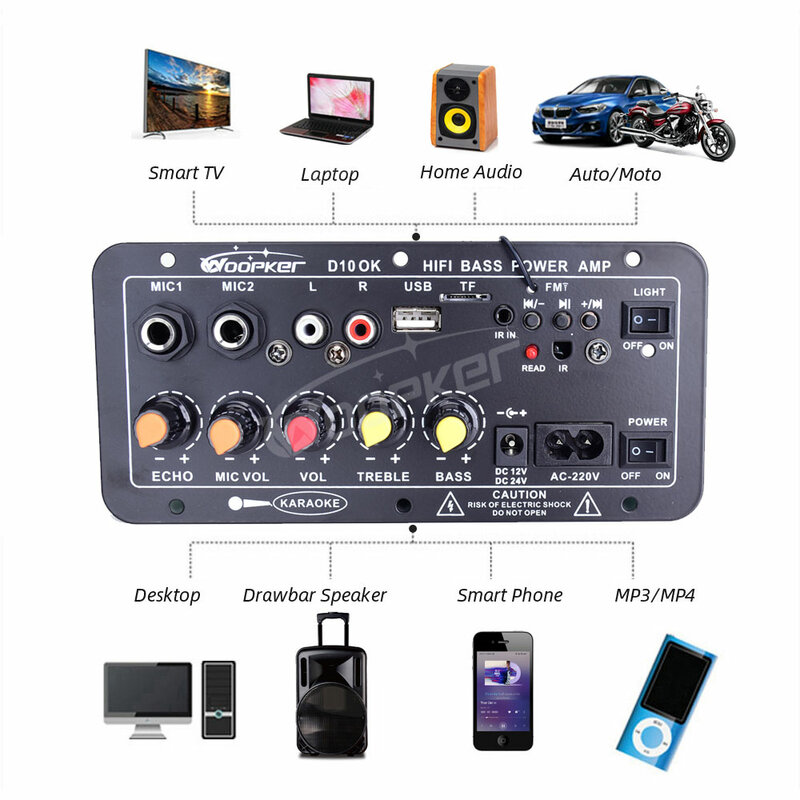 Woopker Audio Amplifier Board 30-120W Support Dual Microphone Bluetooth Amplificatore Subwoof for 4Ohm Speaker 12V 24V 110V 220V