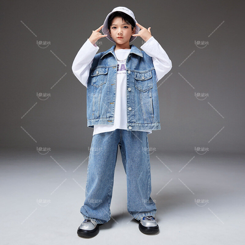New Street Dance Costumes for Girls Boys Performance Street Wear Kids Cool Hip Hop Denim Clothing Teen Stage Show Kpop Outfits