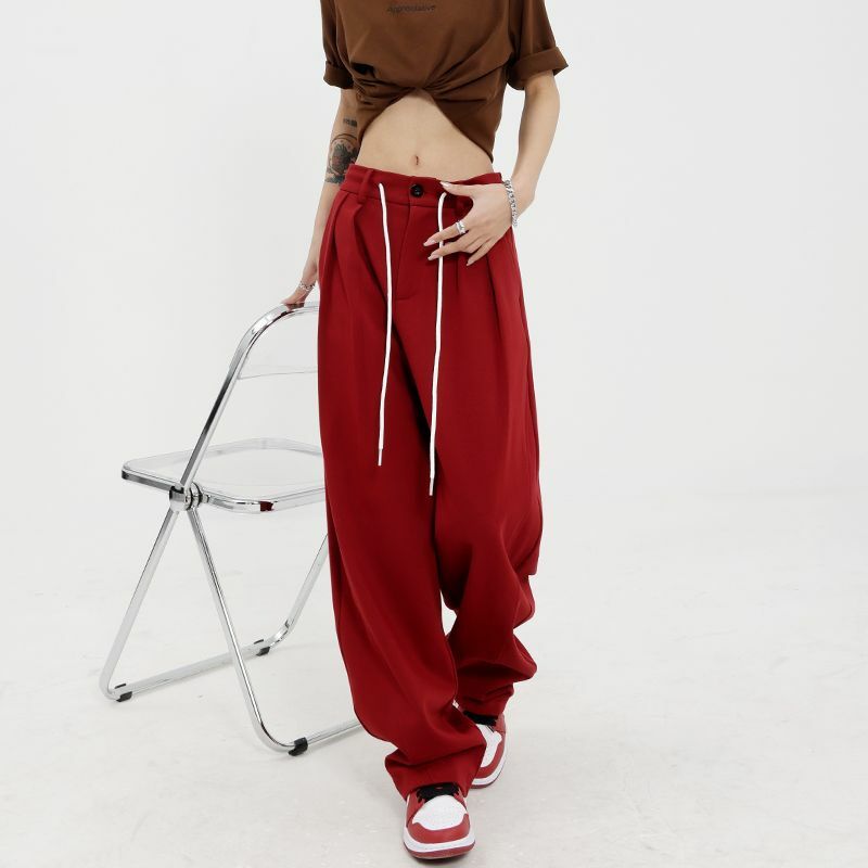 Celana Kaki Lebar Merah Retro Fashion Trendi Celana Kasual Longgar Wanita 2023 Celana Panjang Lurus Pasangan Malas Ramping Longgar Musim Semi Baru