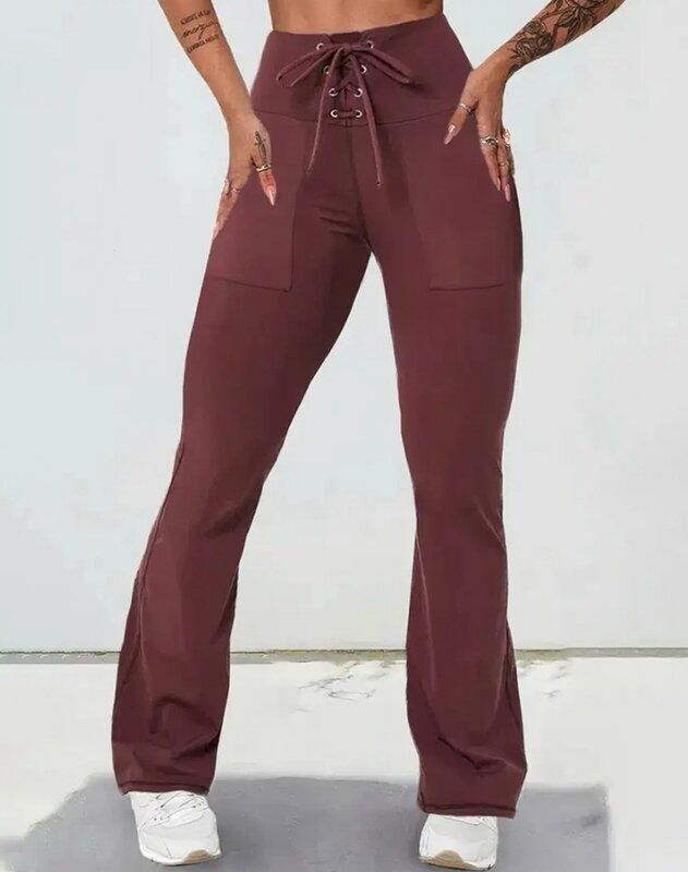 กางเกงผู้หญิงแฟชั่น2024ผูกเชือกแห้งเร็วกางเกงขาบานเอวสูงแบบลำลองมีกระเป๋าดีไซน์เรียบยาวทุกวัน