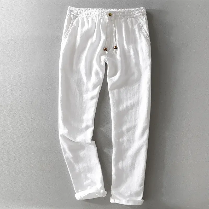 Wiosna lato nowe 100% lniane spodnie Casual męskie odzież cienkie luźny, typu Oversize spodnie F7409