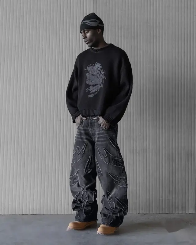 Borda crua masculina bordada calça jeans preta, calça jeans de cintura alta, padrão vintage, patchwork, hip hop, punk, retrô, y2k