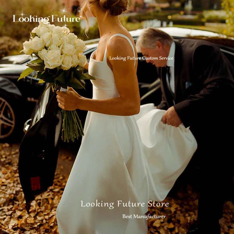 Gaun pernikahan putih panjang klasik gaun pengantin kerah persegi bentuk A tali Spaghetti Formal lipit Vintage punggung terbuka tinggi ramping pertumbuhan pengantin
