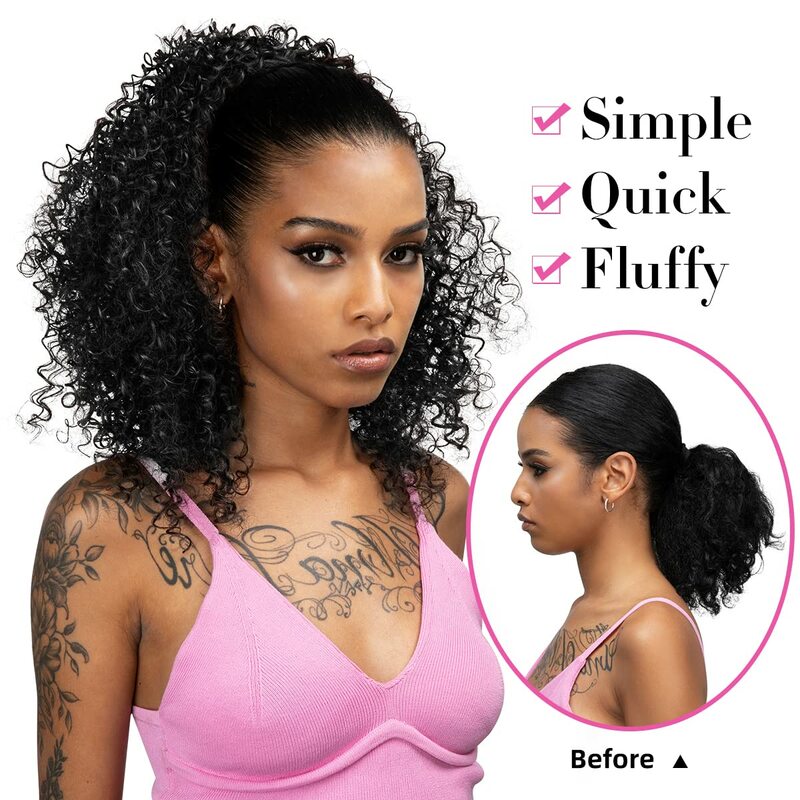 Kinky Curly Drawstring Black Ponytail Extension for Black Women 16 Inch Synthetic Clip in Afro Wavy Pony Tail