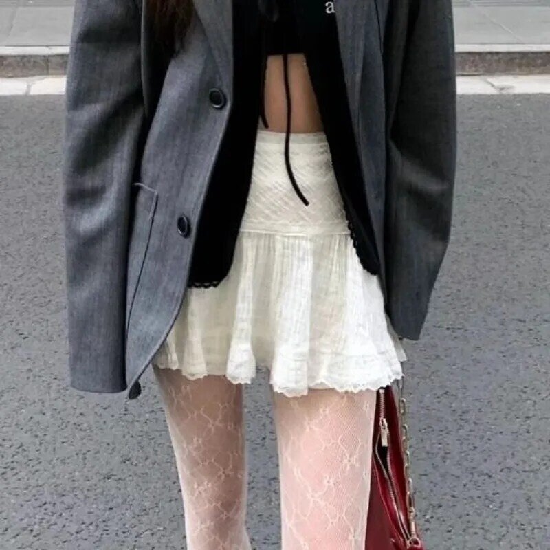 HOUZHOU Coquette Lace minigonna bianca donna estate 2024 moda coreana Sexy Kawaii Mesh vita alta a-line gonna con volant pantaloncini