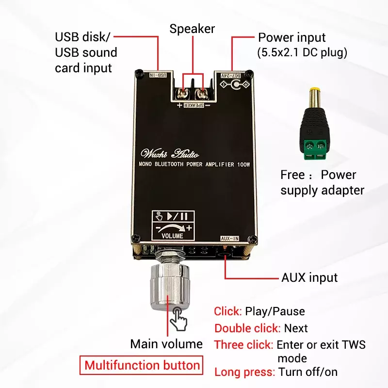 ZK-1001B Mono 100 Вт TPA3116D2 аудио усилитель мощности, Bluetooth-совместимый 5,1 AUX цифровой усилитель мощности, плата для домашнего кинотеатра