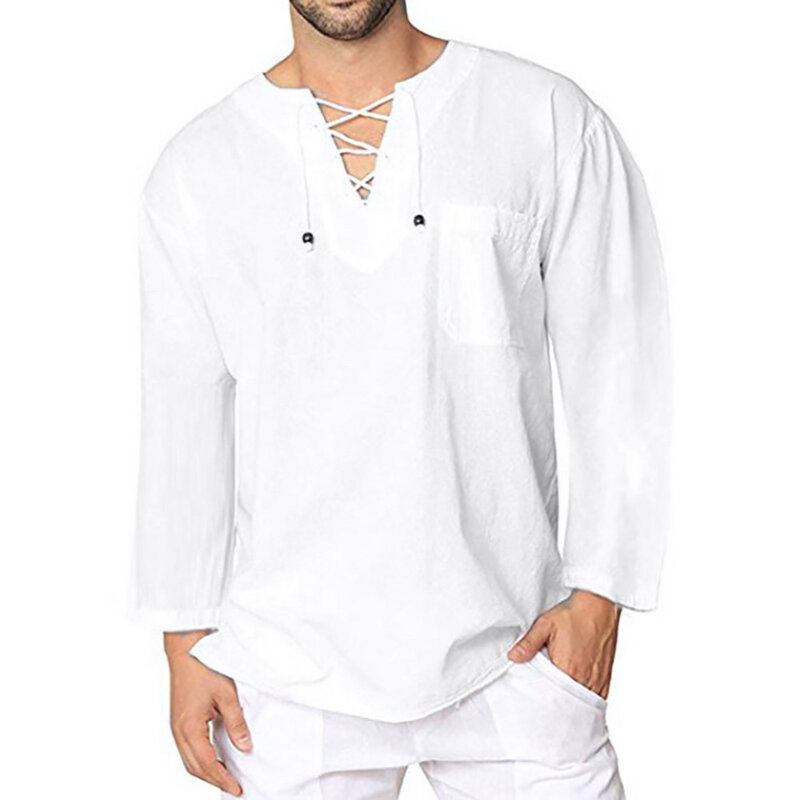 Muslim Mens Linen Beach Tee Shirts Cotton Hippie Shirts V Neck Long Sleeve Tunic Big and Tall 2024 Arabic Shirt