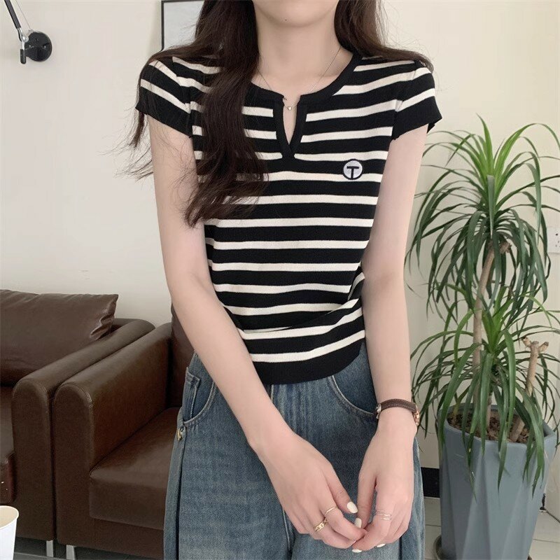 T-shirts Women Striped Daily Simple Korean Style Shinny Sexy Short Sleeve All-match Temperament Tender Summer Chic Schoolgirls