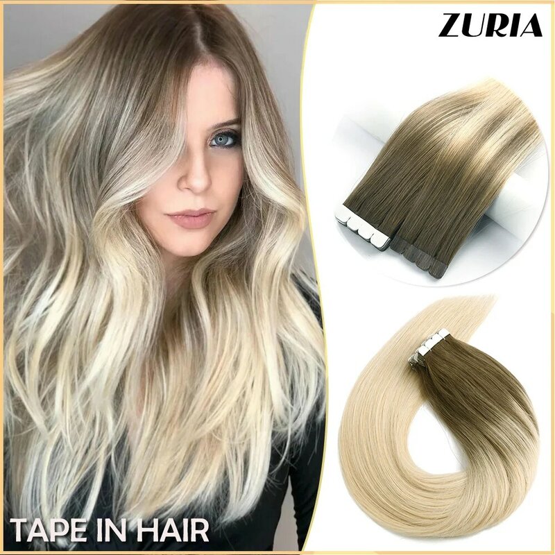 ZURIA Straight Hair Mini Tape In Human Hair Extensions Invisible Skin Weft Adhesive 12/16/20" 100% Natural Real Wigs For Women