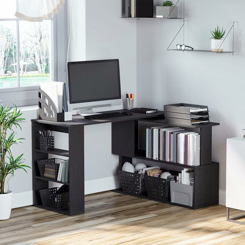 HOMCOM L Shaped Mesa Canto, 360 Graus de rotação Home Office Desk com Prateleiras De Armazenamento, Escrita Mesa, Preto Workstation