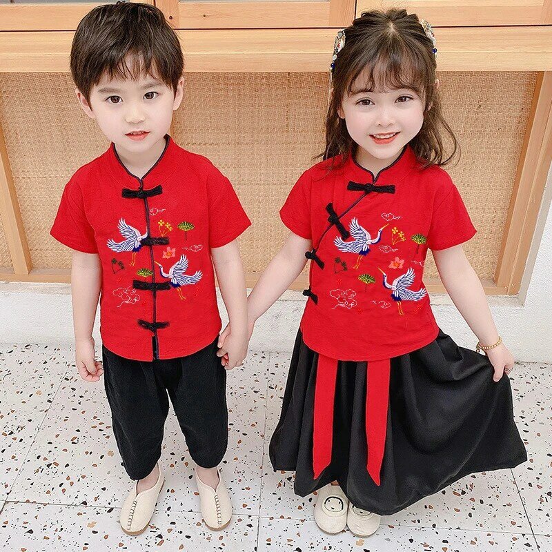 Disfraces tradicionales chinos de Año Nuevo para niños, traje Tang para Festival de Primavera, conjunto de Top de manga corta, pantalones y falda, 2 piezas