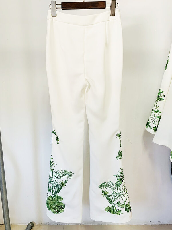 HIGH STREET 2024Fashion Designer Suit Set Elegant Women's Loose Style Long Sleeve Stunning Beaded Blouse Tops Flare Pants 2Piece