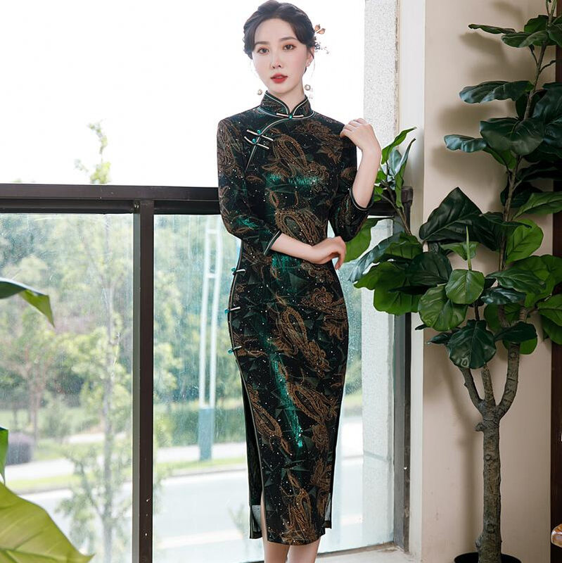 Gaun Wanita Cina Cheongsam Panjang Selutut Bordir Qipao Sifon Lengan Tujuh Poin Kerah Mandarin Elegan