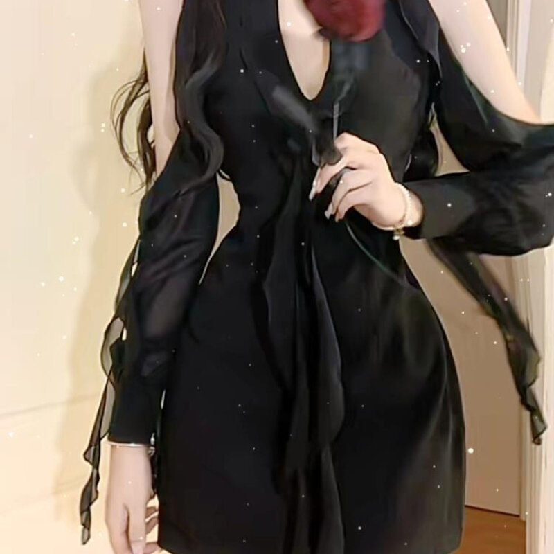 HOUZHOU vestido negro de gasa de una pieza para mujer, minivestido de malla con volantes, Fairycore, Bodycon de lujo dulce, elegante, estilo coreano