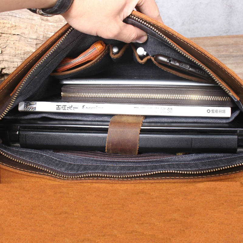 Luufan-maletín de cuero genuino A4 para hombre, bolso de hombro para ordenador portátil, de negocios