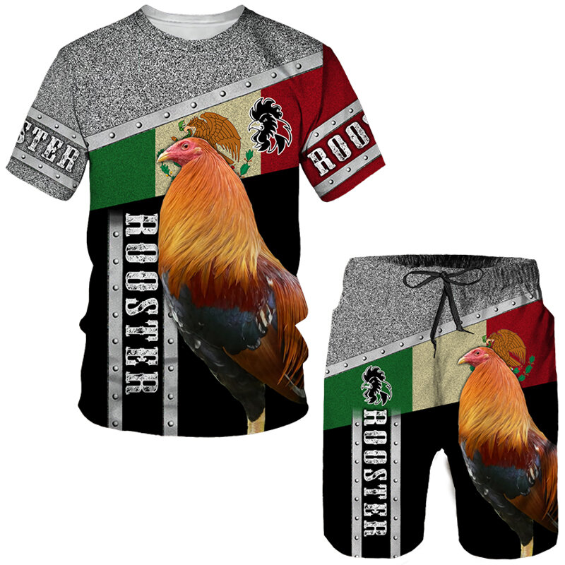 Conjunto de camiseta y pantalones cortos con estampado 3D de gallo para hombre, chándal de manga corta de animales, traje de gran tamaño de 2 piezas, Verano