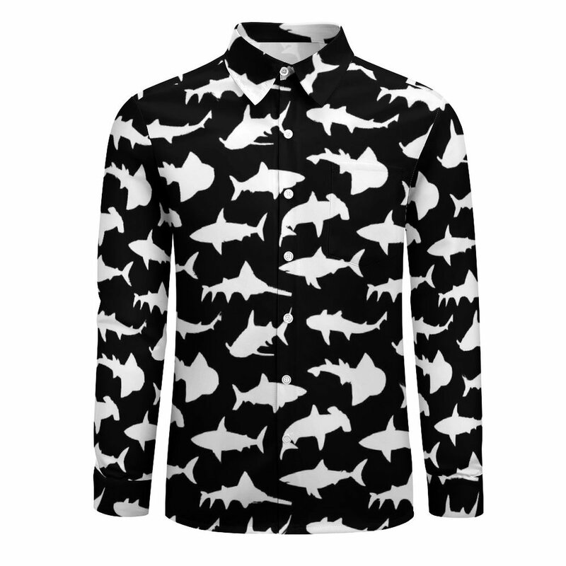 Camisa casual masculina de tubarões brancos, confortável blusas de manga longa, roupas grandes, estampa animal, gráfico elegante, outono