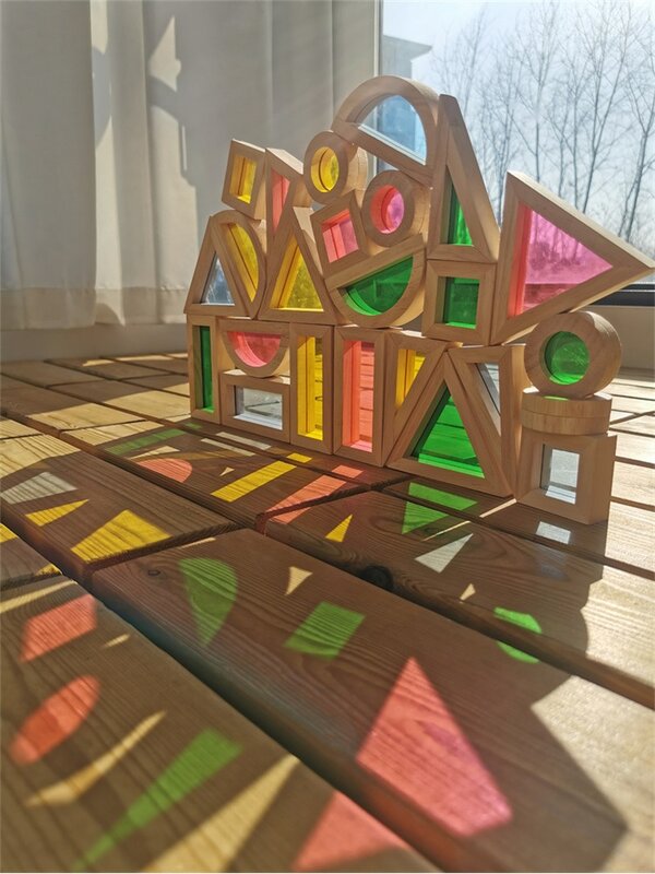 Детская деревянная игрушка Монтессори, сенсорные радужные зеркальные блоки, складывание акриловых строительных штабелеров, обучающая игр...