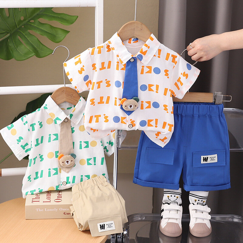 Conjunto de camisas e shorts de manga curta para bebês, roupa de verão, estilo coreano, gola virada para baixo, fofo, roupas boutique, ocidental, 2024