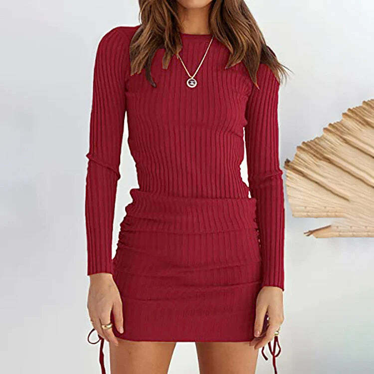 Mini vestido de punto acanalado elástico para mujer, elegante suéter de punto sólido, vestidos de manga larga acanalados, otoño e invierno