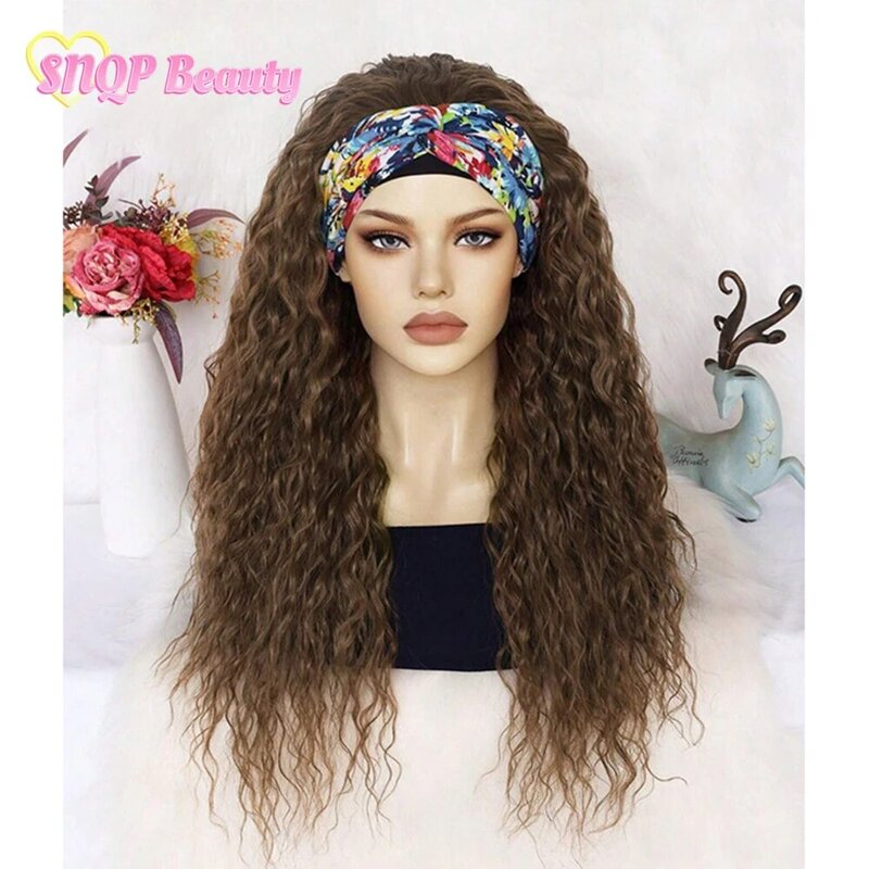 Honey Blonde Synthetic Headband Wig Highlight Brown Color Kinky Curly Full machine Wig For Woemn Glueless Curly Daily Use Wig