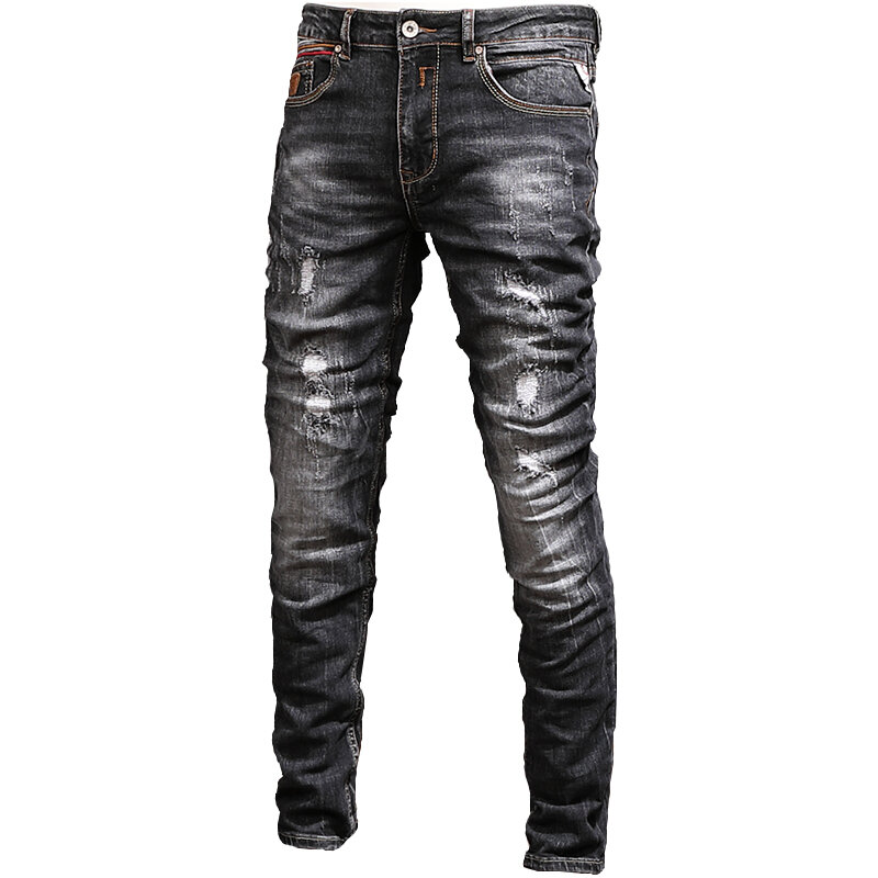 Projektant mody męskie jeansy Retro czarny szary elastyczny Slim Fit porwane jeansy męskie włoski styl Vintage casualowe spodnie jeansowe Hombre