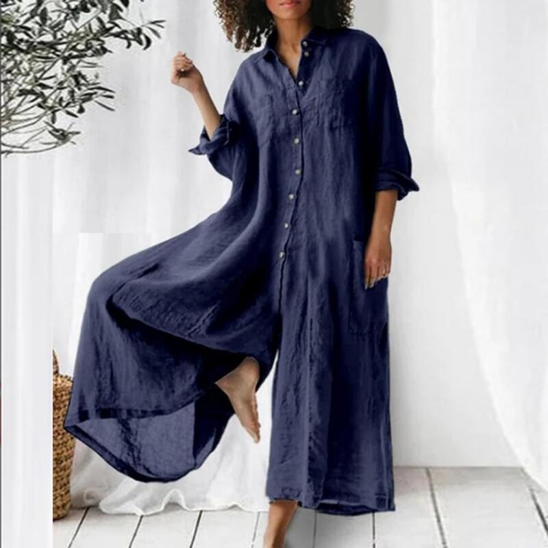 Women Jumpsuit Spring Summer Turndown Collar Loose Cotton Linen Breathable Casual Wide Legs Pants Long Romper Daily Wear