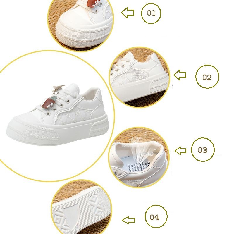 2024 kasual Air Mesh Trainer wanita putih Faux kulit Sneakers anak perempuan elegan Applique buatan tangan bunga sepatu wanita renda Tenis