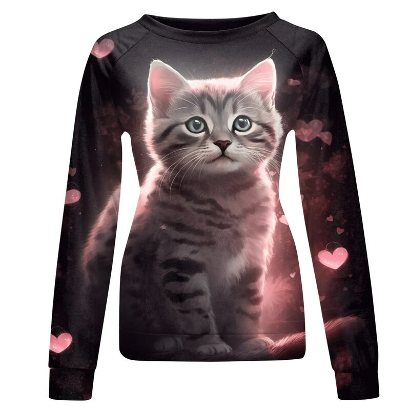 Camiseta con estampado 3D de gato para mujer, ropa informal de manga larga, suéter Harajuku de gran tamaño, blusa diaria, Tops sueltos para mujer