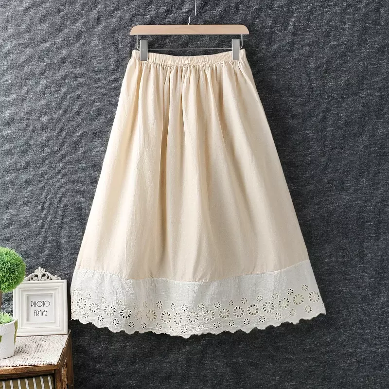 Falda holgada informal de algodón con cintura elástica para mujer, falda Vintage hueca, estilo japonés Mori Girl, primavera y verano