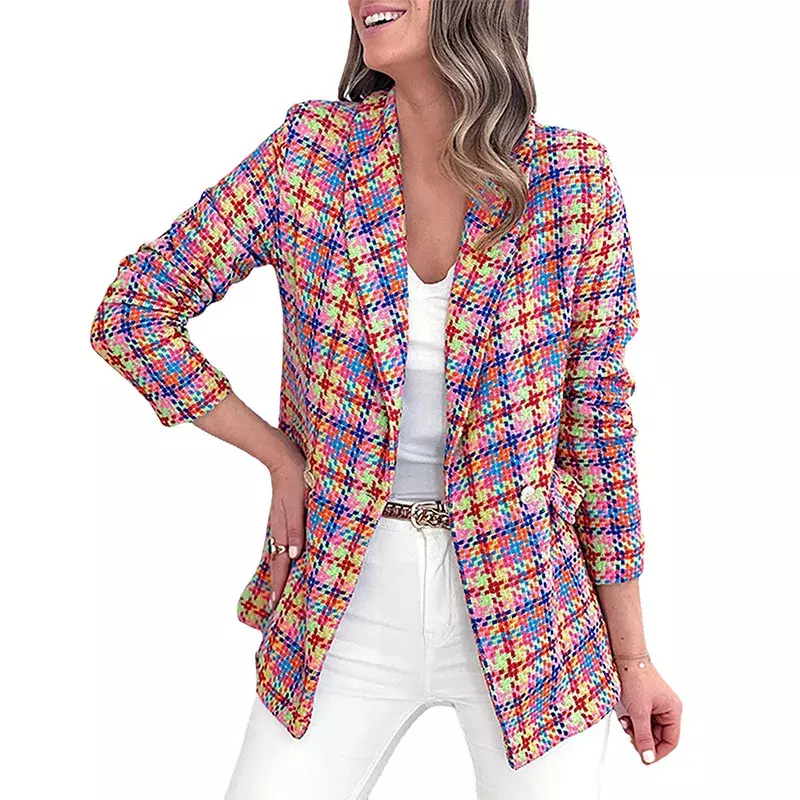 202 Europe, America, autumn and winter new plaid print long sleeve pocket two buttons leisure suit coat women YBF27-3