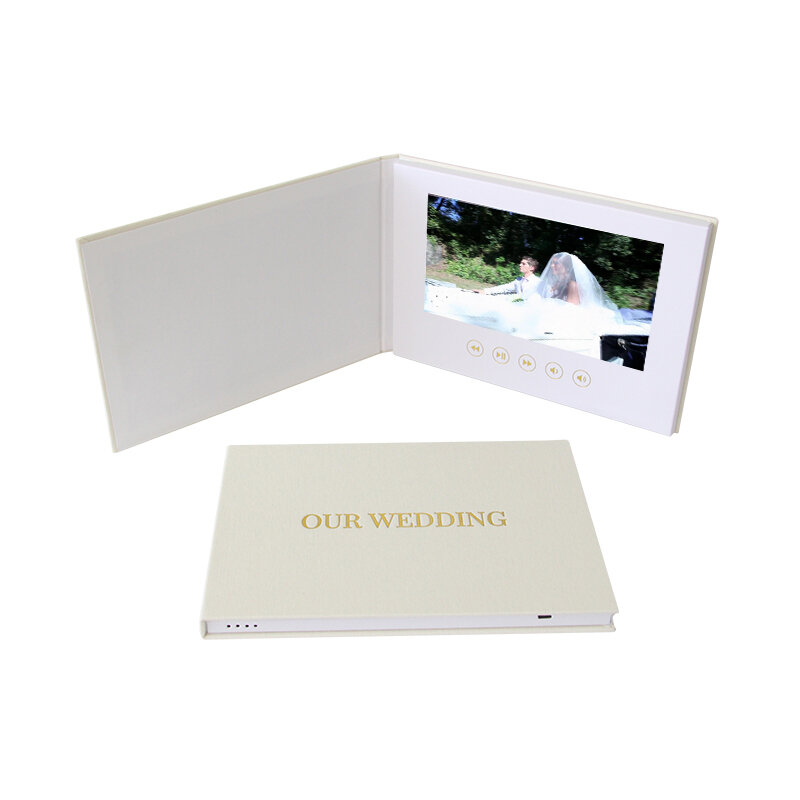 結婚式用にカスタマイズされたリネンのビデオブック、唇液晶画面、グリーティングカード、パンフレット、7インチ