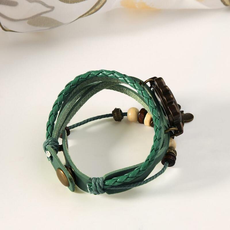 Quartz Wristwatch Womens Retro Faux Leather Bracelet Butterfly Beads Pendant Quartz Wrist Watch