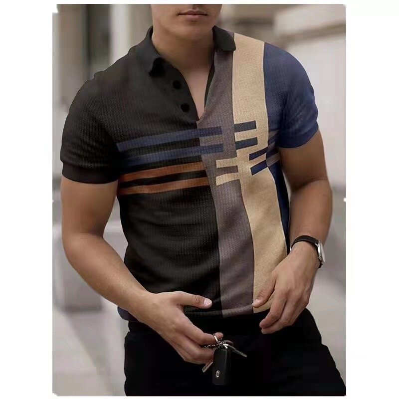 Summer New Men's Polo Shirt Casual Personality Retro Striped 3d Printed Buckle Short Sleeve Polo